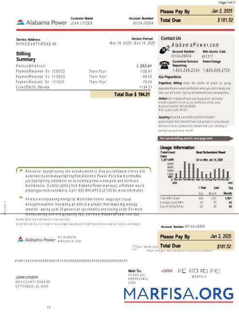Realistic USA Alabama power utility bill sample